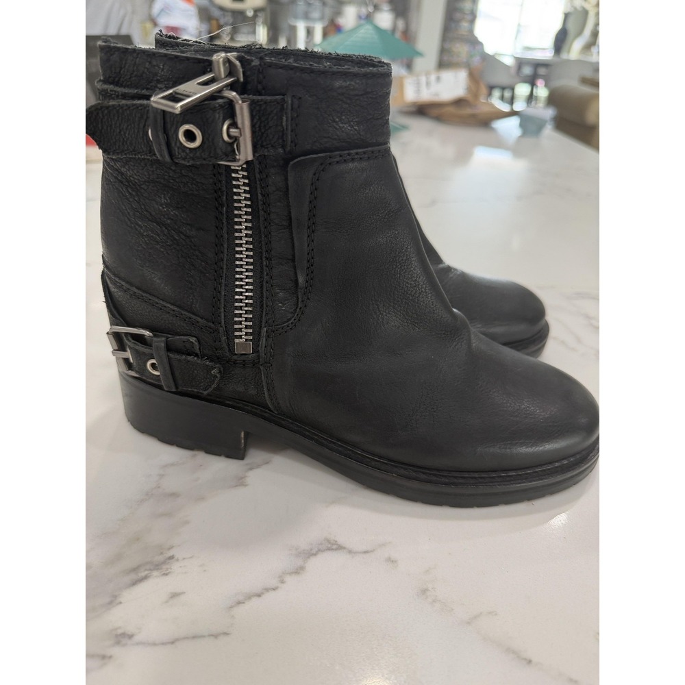 AllSaints Boots Womens Size 8.5 Black Leather Ankle‎ Biker Booties Zip Buckle